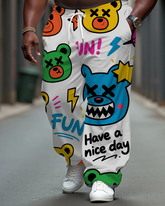 Big Men's Street Style Fun Cartoon Bear Printed Pants with Pockets & Drawstring